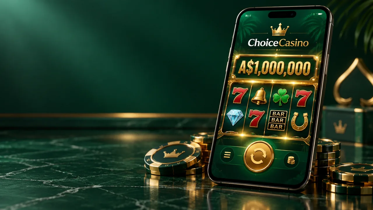 ChoiceCasino mobile slot interface with A$1,000,000 jackpot-style display